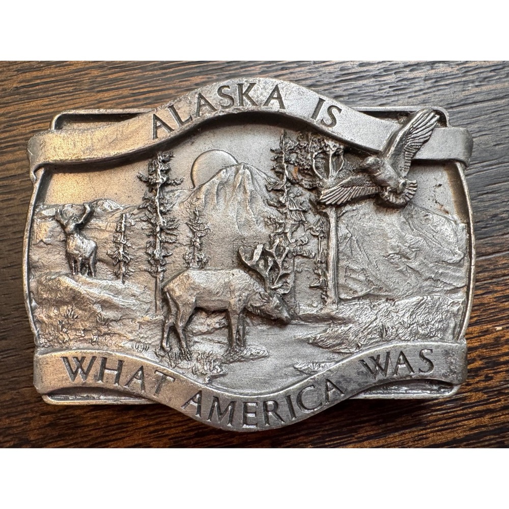 Vintage 1981 Bergamot Brass Works Alaska Is What America Was Belt Buckle Caribou